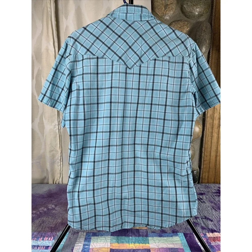 Vintage Wrangler Men’s Medium Blue Plaid Western Shirt Pearl Snaps Short Sleeve - Picture 4 of 7